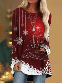 Women's Shirt Blouse Christmas Shirt Black Light Green Wine Santa Claus Christmas Tree Snowflake Print Long Sleeve Christmas Weekend Streetwear Casual Print Round Neck Regular Fit Spring Fall