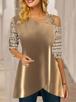 Women's Blouse Christmas Shirt Red Gold Green Sparkly Sequins Asymmetric Long Sleeve Party Christmas Casual Festival / Holiday One Shoulder Regular Fit Spring &Fall