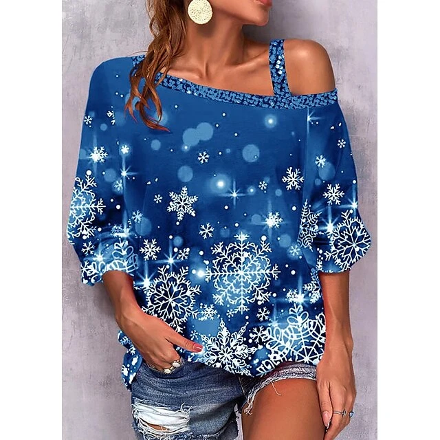 Women's Shirt Christmas Shirt Red Blue Gray Snowflake Print Long Sleeve Christmas Weekend Streetwear Casual Print One Shoulder Regular Fit Cold Shoulder Spring Fall 5 Women's Shirt Christmas Shirt Red Blue Gray Snowflake Print Long Sleeve Christmas Weekend Streetwear Casual Print One Shoulder Regular Fit Cold Shoulder Spring Fall - Image 3