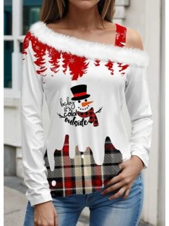 Women's Blouse Christmas Shirt White Wine Red Snowman Christmas Tree Print Long Sleeve Party Christmas Casual Festival / Holiday Fur Collar Regular Fit Spring &Fall -Cheap Women Clothing Store jpihpp1697016023160