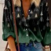 Women's Blouse Christmas Shirt Green Christmas Tree Button Print Long Sleeve Christmas Casual Festival / Holiday Standing Collar Regular Fit Spring &Fall -Cheap Women Clothing Store jqsrzg1697454016889