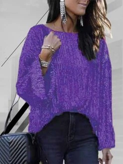 Women's Shirt Blouse Fleece Black Wine Purple Plain Sparkly Sequins Long Sleeve Party Christmas Casual Vintage Fashion Metallic Round Neck Regular Fit Spring Fall -Cheap Women Clothing Store jrabbt1682073925804