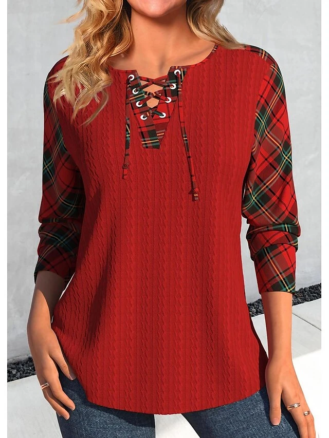 Women's T Shirt Tee Christmas Shirt Red Plaid Print Long Sleeve Christmas Weekend Festival / Holiday V Neck Regular Fit Painting Spring &Fall 3 Women's T Shirt Tee Christmas Shirt Red Plaid Print Long Sleeve Christmas Weekend Festival / Holiday V Neck Regular Fit Painting Spring &Fall