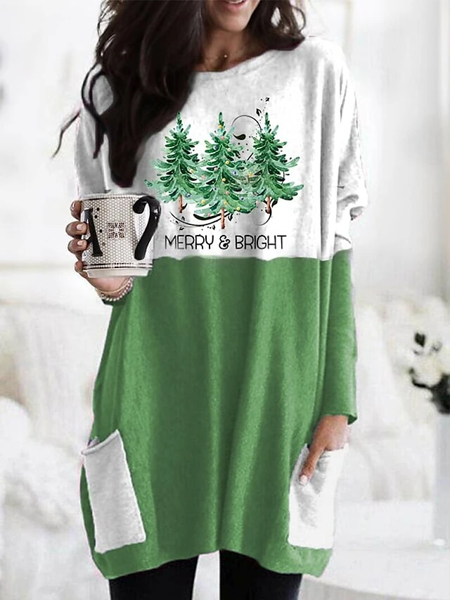 Women's T Shirt Tee Christmas Shirt Red Green Gray Color Block Christmas Tree Pocket Print Long Sleeve Christmas Weekend Festival / Holiday Round Neck Regular Fit Painting Spring &Fall 5 Women's T Shirt Tee Christmas Shirt Red Green Gray Color Block Christmas Tree Pocket Print Long Sleeve Christmas Weekend Festival / Holiday Round Neck Regular Fit Painting Spring &Fall - Image 3
