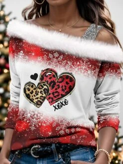 Women's Blouse Christmas Shirt Red Blue Green Leopard Heart Snowflake Print Long Sleeve Christmas Casual Festival / Holiday Fur Collar Regular Fit Spring &Fall