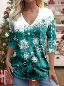 Women's T Shirt Tee Christmas Shirt Red Blue Purple Snowflake Print Long Sleeve Christmas Weekend Festival / Holiday V Neck Regular Fit Painting Spring &Fall -Cheap Women Clothing Store jrjccn1695727195658