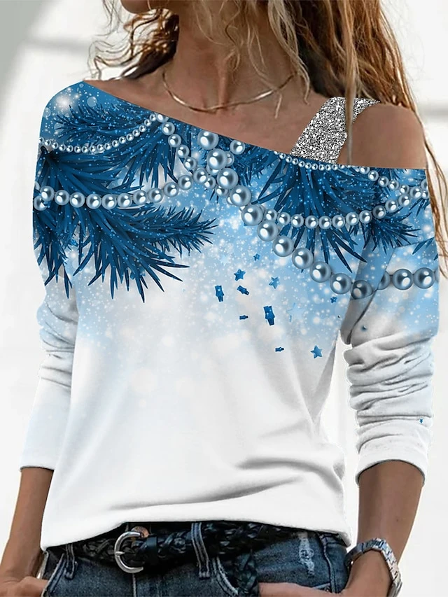 Women's T Shirt Tee Christmas Shirt Blue Purple Green Graphic Print Long Sleeve Christmas Weekend Basic Print Christmas Off Shoulder Regular Fit Painting 3 Women's T Shirt Tee Christmas Shirt Blue Purple Green Graphic Print Long Sleeve Christmas Weekend Basic Print Christmas Off Shoulder Regular Fit Painting