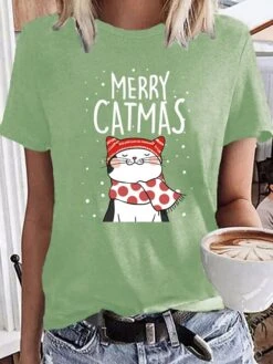 Women's T Shirt Tee Christmas Shirt 100% Cotton Black Light Green Wine Graphic Cat Letter Print Short Sleeve Christmas Daily Holiday Basic Christmas Round Neck Regular Fit Cat