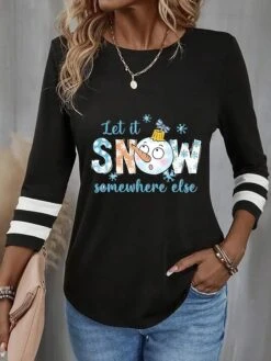 Women's Designer Shirt T Shirt Tee Christmas Shirt Black Letter Snowman Print Long Sleeve Christmas Weekend Festival / Holiday Round Neck Regular Fit Painting Spring &Fall