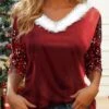 Women's Blouse Christmas Shirt Velvet Red Sparkly Sequins Long Sleeve Party Christmas Casual Festival / Holiday Fur Collar Regular Fit Fall & Winter -Cheap Women Clothing Store jthyvq1697193566544