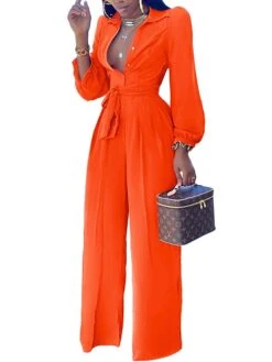 Jumpsuits For Women Summer Dressy Button High Waist Solid Color Shirt Collar Business Office Christmas Work Regular Fit Long Sleeve Black Fuchsia Orange S M L -Cheap Women Clothing Store jtzxgo1681109231413