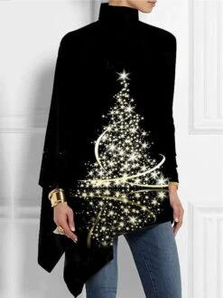 Women's T Shirt Tee Christmas Shirt Black Christmas Tree Sparkly Asymmetrical Print Long Sleeve Party Christmas Weekend Festival / Holiday High Neck Regular Fit Painting Spring &Fall