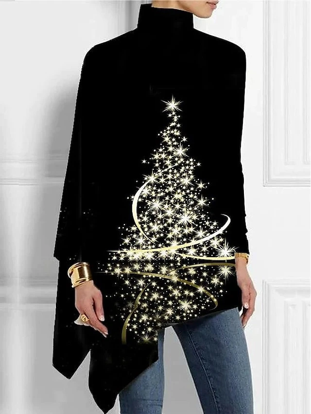 Women's T Shirt Tee Christmas Shirt Black Christmas Tree Sparkly Asymmetrical Print Long Sleeve Party Christmas Weekend Festival / Holiday High Neck Regular Fit Painting Spring &Fall 3 Women's T Shirt Tee Christmas Shirt Black Christmas Tree Sparkly Asymmetrical Print Long Sleeve Party Christmas Weekend Festival / Holiday High Neck Regular Fit Painting Spring &Fall
