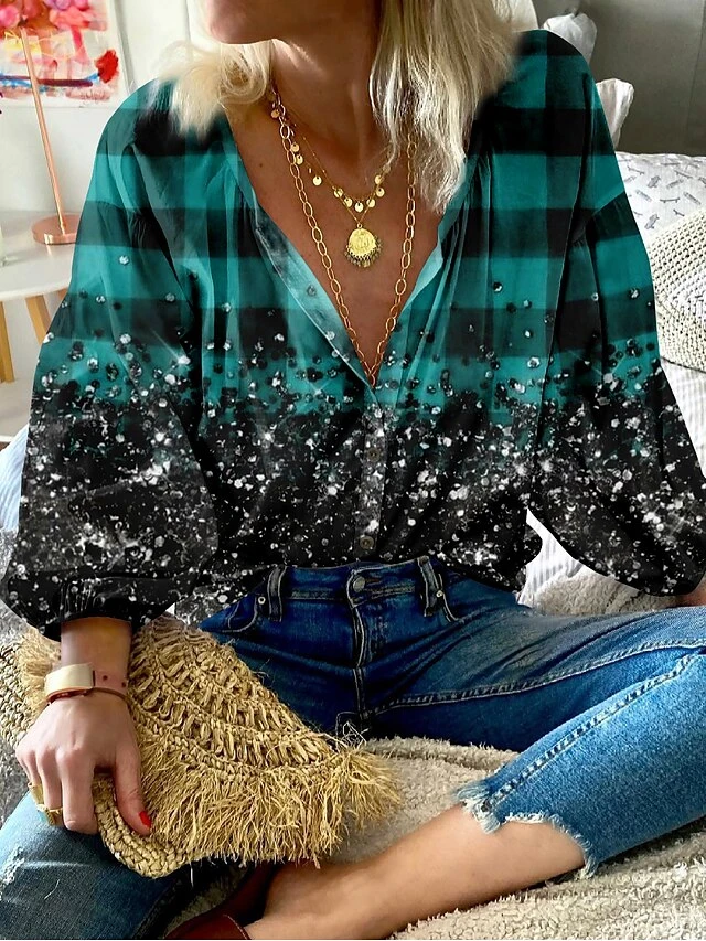 Women's Blouse Christmas Shirt Red Blue Purple Plaid Button Print Long Sleeve Christmas Casual Festival / Holiday Standing Collar Regular Fit Spring &Fall 5 Women's Blouse Christmas Shirt Red Blue Purple Plaid Button Print Long Sleeve Christmas Casual Festival / Holiday Standing Collar Regular Fit Spring &Fall - Image 3