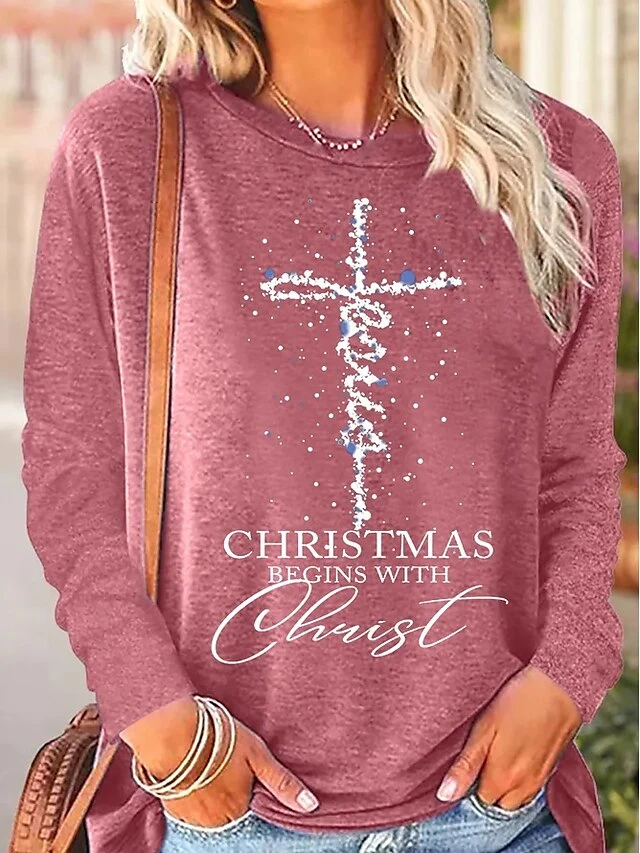 Women's T Shirt Tee Christmas Shirt Black Pink Blue Letter Print Long Sleeve Christmas Weekend Festival / Holiday Christmas Round Neck Regular Fit Painting Spring &Fall 6 Women's T Shirt Tee Christmas Shirt Black Pink Blue Letter Print Long Sleeve Christmas Weekend Festival / Holiday Christmas Round Neck Regular Fit Painting Spring &Fall - Image 4