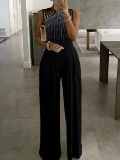 Jumpsuits For Women Dressy Beaded Solid Color Sequin Crew Neck Elegant Xmas Party Evening Christmas Prom Wide Leg Regular Fit Sleeveless Blue Black Wine S M LFall Summer -Cheap Women Clothing Store jwzvbp1639737085054