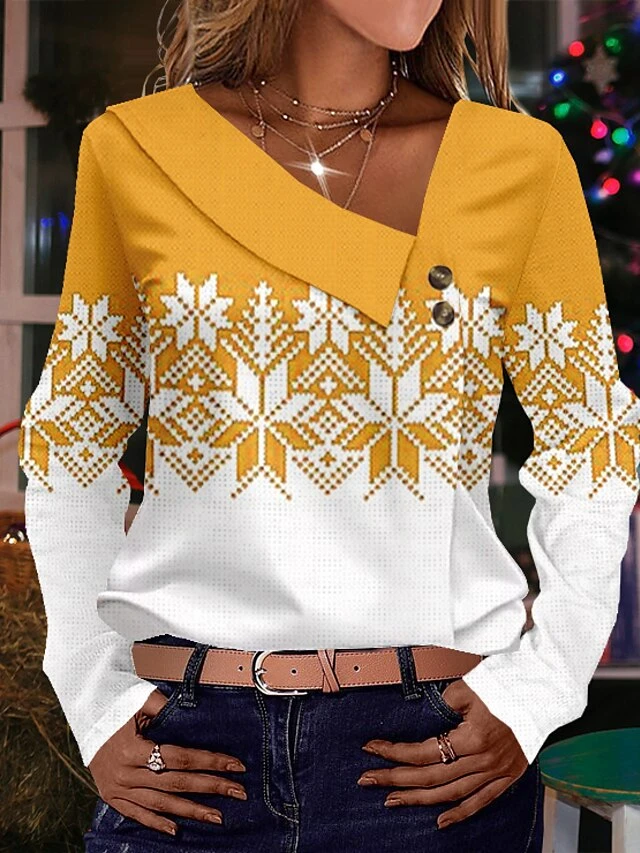 Women's Shirt Blouse Christmas Shirt Yellow Pink Red Snowflake Button Print Long Sleeve Christmas Casual Festival / Holiday V Neck Regular Fit Spring &Fall 8 Women's Shirt Blouse Christmas Shirt Yellow Pink Red Snowflake Button Print Long Sleeve Christmas Casual Festival / Holiday V Neck Regular Fit Spring &Fall - Image 6