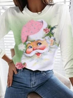 Women's T Shirt Tee Christmas Shirt Pink Santa Claus Print Long Sleeve Christmas Weekend Festival / Holiday Funny Christmas Round Neck Regular Fit Painting Summer