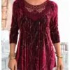 Women's Blouse Christmas Shirt Red Blue Purple Striped Sparkly Lace Print Long Sleeve Party Christmas Casual Festival / Holiday Round Neck Regular Fit Spring &Fall
