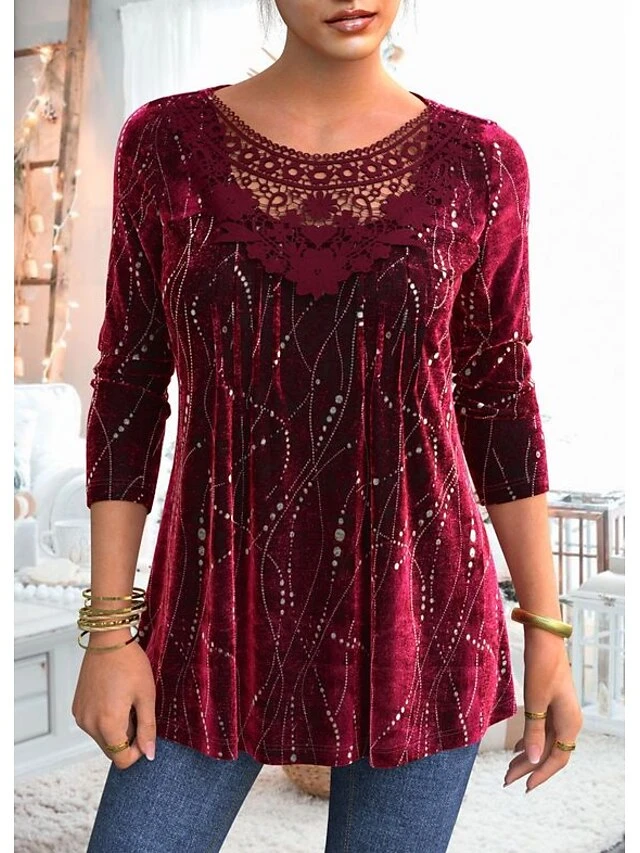Women's Blouse Christmas Shirt Red Blue Purple Striped Sparkly Lace Print Long Sleeve Party Christmas Casual Festival / Holiday Round Neck Regular Fit Spring &Fall 3 Women's Blouse Christmas Shirt Red Blue Purple Striped Sparkly Lace Print Long Sleeve Party Christmas Casual Festival / Holiday Round Neck Regular Fit Spring &Fall