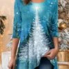 Women's Designer Shirt T Shirt Tee Christmas Shirt Red Blue Purple Christmas Tree Sparkly Flowing Tunic Print Long Sleeve Party Christmas Weekend Festival / Holiday Round Neck Regular Fit Painting