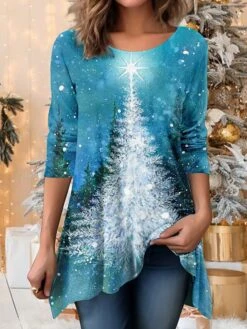 Women's Designer Shirt T Shirt Tee Christmas Shirt Red Blue Purple Christmas Tree Sparkly Flowing Tunic Print Long Sleeve Party Christmas Weekend Festival / Holiday Round Neck Regular Fit Painting