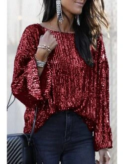 Women's Shirt Blouse Fleece Black Wine Purple Plain Sparkly Sequins Long Sleeve Party Christmas Casual Vintage Fashion Metallic Round Neck Regular Fit Spring Fall -Cheap Women Clothing Store jzrhkt1668154970879