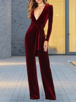 Women's Jumpsuit Velvet Lace Up High Waist Solid Color Deep V Dressy Xmas Wedding Party Christmas Business Office Work Regular Fit Long Sleeve Black Wine Red S M L Fall