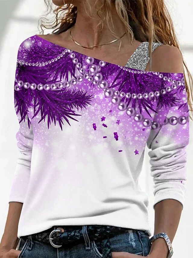 Women's T Shirt Tee Christmas Shirt Blue Purple Green Graphic Print Long Sleeve Christmas Weekend Basic Print Christmas Off Shoulder Regular Fit Painting 5 Women's T Shirt Tee Christmas Shirt Blue Purple Green Graphic Print Long Sleeve Christmas Weekend Basic Print Christmas Off Shoulder Regular Fit Painting - Image 3