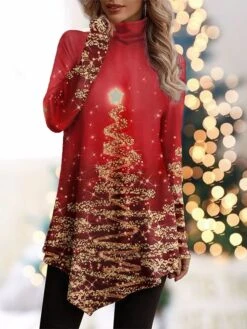 Women's T Shirt Tee Christmas Shirt Red Blue Purple Christmas Tree Sparkly Asymmetrical Print Long Sleeve Party Christmas Weekend Festival / Holiday High Neck Regular Fit Painting Spring &Fall