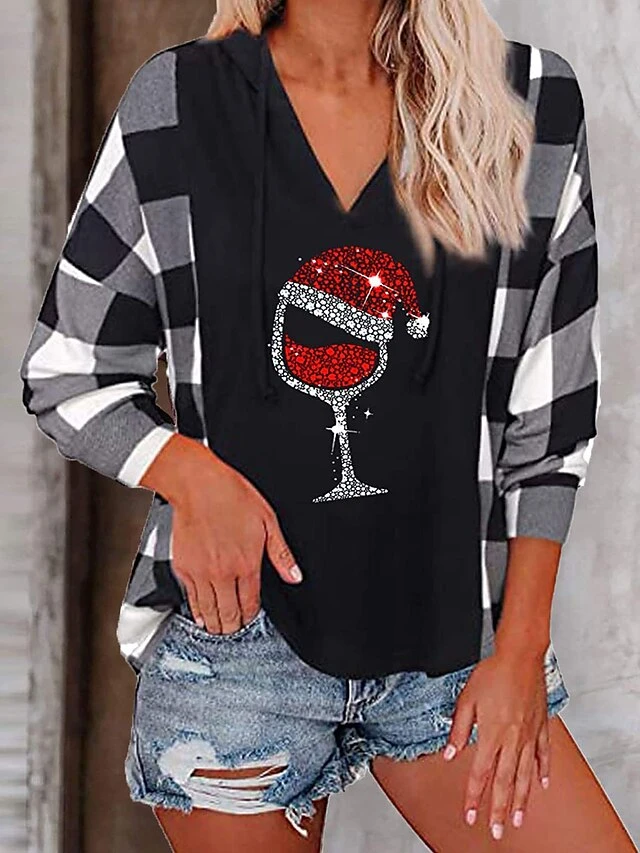 Women's Blouse Hoodie Christmas Shirt Wine Red Blue Plaid Color Block Patchwork Print Long Sleeve Party Christmas Casual Casual Hooded Regular Fit Fall & Winter 4 Women's Blouse Hoodie Christmas Shirt Wine Red Blue Plaid Color Block Patchwork Print Long Sleeve Party Christmas Casual Casual Hooded Regular Fit Fall & Winter - Image 2