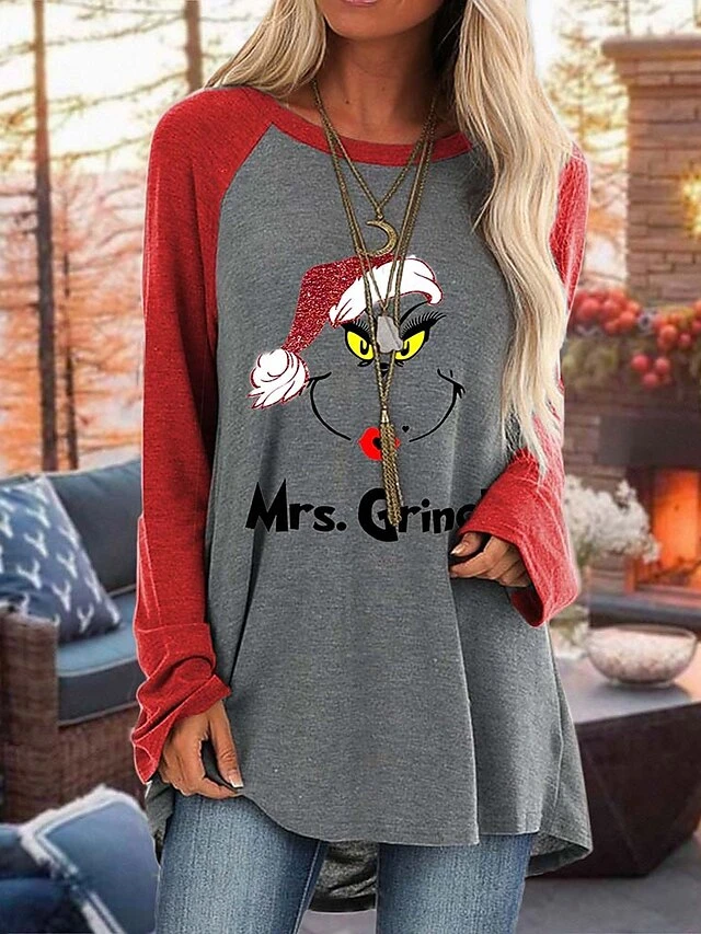 Women's T Shirt Tee Christmas Shirt Green Gray Graphic Grinch Ugly Christmas Print Long Sleeve Christmas Weekend Basic Christmas Round Neck Regular Fit Painting Fall & Winter 4 Women's T Shirt Tee Christmas Shirt Green Gray Graphic Grinch Ugly Christmas Print Long Sleeve Christmas Weekend Basic Christmas Round Neck Regular Fit Painting Fall & Winter - Image 2