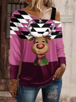 Women's T Shirt Tee Christmas Shirt Pink Blue Purple Geometric Reindeer Print Long Sleeve Christmas Weekend Festival / Holiday Funny Christmas Diagonal Neck Regular Fit Painting Spring &Fall -Cheap Women Clothing Store kegapm1695026114071