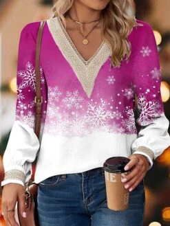Women's Blouse Christmas Shirt Pink Blue Brown Snowflake Lace Print Long Sleeve Christmas Casual Festival / Holiday V Neck Regular Fit Spring &Fall N / A -Cheap Women Clothing Store kekbee1697453957265