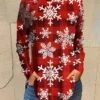 Women's T Shirt Tee Christmas Shirt Red Snowflake Print Long Sleeve Party Christmas Weekend Festival / Holiday Christmas Round Neck Regular Fit Painting Spring &Fall