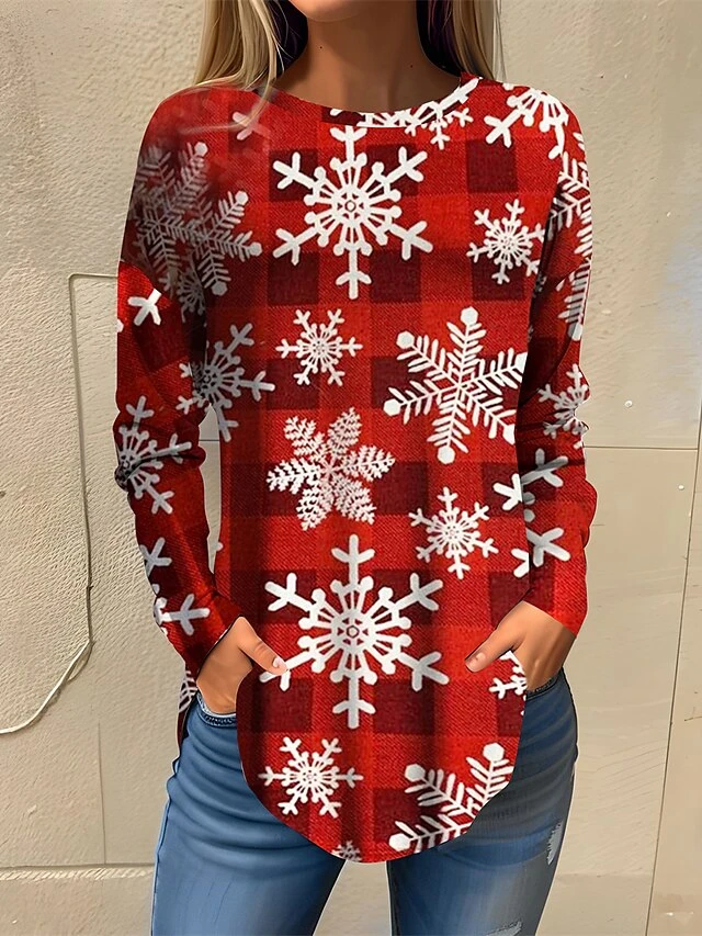 Women's T Shirt Tee Christmas Shirt Red Snowflake Print Long Sleeve Party Christmas Weekend Festival / Holiday Christmas Round Neck Regular Fit Painting Spring &Fall 3 Women's T Shirt Tee Christmas Shirt Red Snowflake Print Long Sleeve Party Christmas Weekend Festival / Holiday Christmas Round Neck Regular Fit Painting Spring &Fall