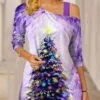 Women's Blouse Christmas Shirt Purple Christmas Tree Sparkly Print Long Sleeve Party Christmas Casual Festival / Holiday One Shoulder Regular Fit Spring &Fall -Cheap Women Clothing Store keqkid1697193555919
