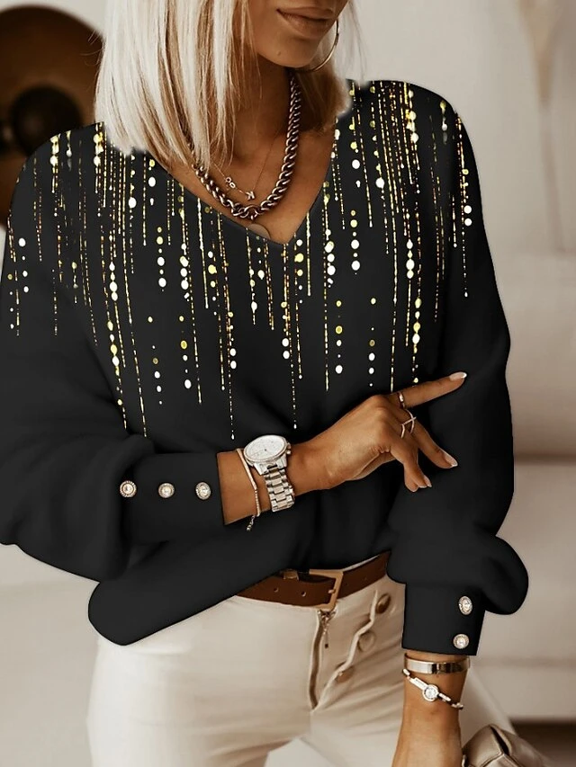 Women's T Shirt Tee Black Graphic Print Long Sleeve Party Christmas Daily Fashion V Neck Regular Fit Painting Spring &Fall 3 Women's T Shirt Tee Black Graphic Print Long Sleeve Party Christmas Daily Fashion V Neck Regular Fit Painting Spring &Fall