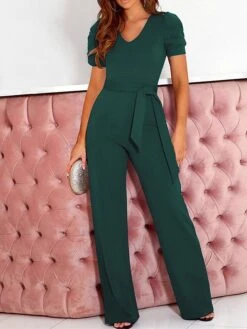 Women's Jumpsuit Lace Up Beaded Solid Color V Neck Elegant Office Christmas Xmas Regular Fit Short Sleeve Black Army Green Red S M L Fall -Cheap Women Clothing Store kfapyq1695347198553