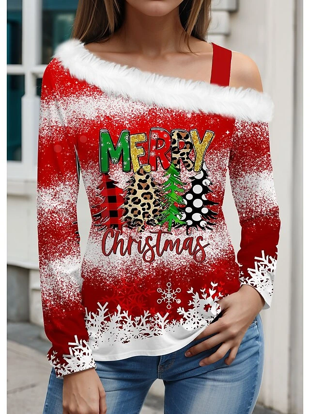 Women's Blouse Christmas Shirt White Wine Red Christmas Tree Snowflake Print Long Sleeve Christmas Casual Festival / Holiday Fur Collar Regular Fit Spring &Fall 4 Women's Blouse Christmas Shirt White Wine Red Christmas Tree Snowflake Print Long Sleeve Christmas Casual Festival / Holiday Fur Collar Regular Fit Spring &Fall - Image 2