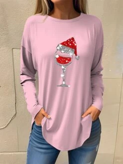Women's T Shirt Tee Christmas Shirt Black Pink Red Wine Glass Rhinestone Print Long Sleeve Party Christmas Weekend Festival / Holiday Christmas Round Neck Regular Fit Painting Spring &Fall -Cheap Women Clothing Store kfteqs1694685127870