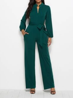 Women's Jumpsuit Lace Up Pocket Solid Color Stand Collar Streetwear Xmas Street Christmas Daily Regular Fit Long Sleeve Black Wine Red S M L Fall -Cheap Women Clothing Store kgiezs1692616045993