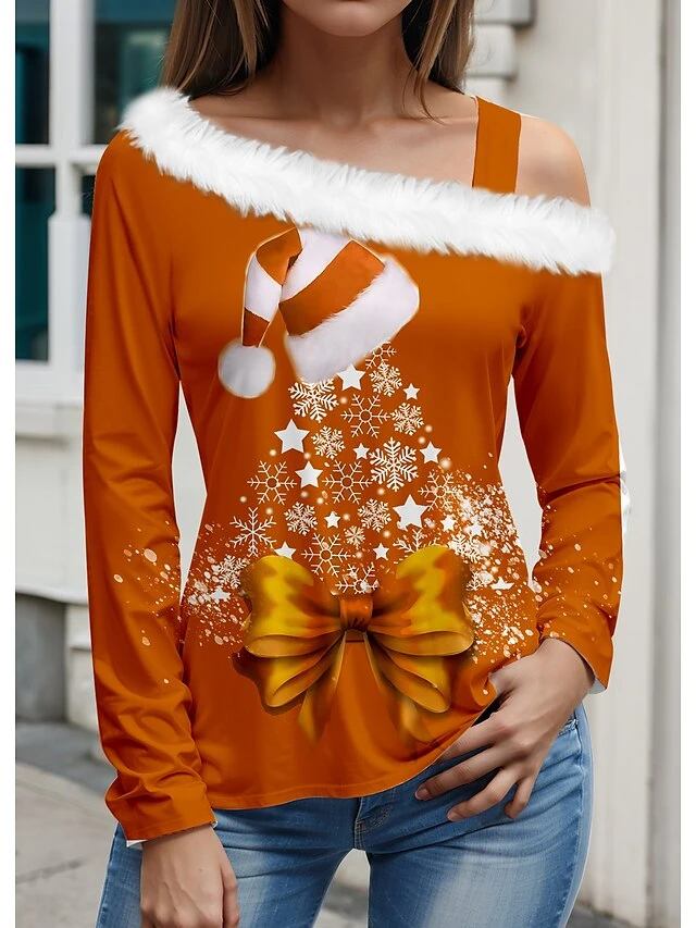Women's Blouse Christmas Shirt Red Purple Orange Christmas Tree Print Long Sleeve Christmas Casual Festival / Holiday Fur Collar Regular Fit Spring &Fall 4 Women's Blouse Christmas Shirt Red Purple Orange Christmas Tree Print Long Sleeve Christmas Casual Festival / Holiday Fur Collar Regular Fit Spring &Fall - Image 2