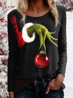 Women's T Shirt Tee Christmas Shirt Black Graphic Ugly Christmas Monster Print Long Sleeve Christmas Weekend Basic Christmas Round Neck Regular Fit Painting Fall & Winter