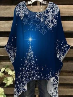 Women‘s Plus Size Christmas Tops T Shirt Tee Christmas Tree Snowflake Print Half Sleeve Crew Neck Casual Festival Daily Cotton Spandex Jersey Winter Fall Blue