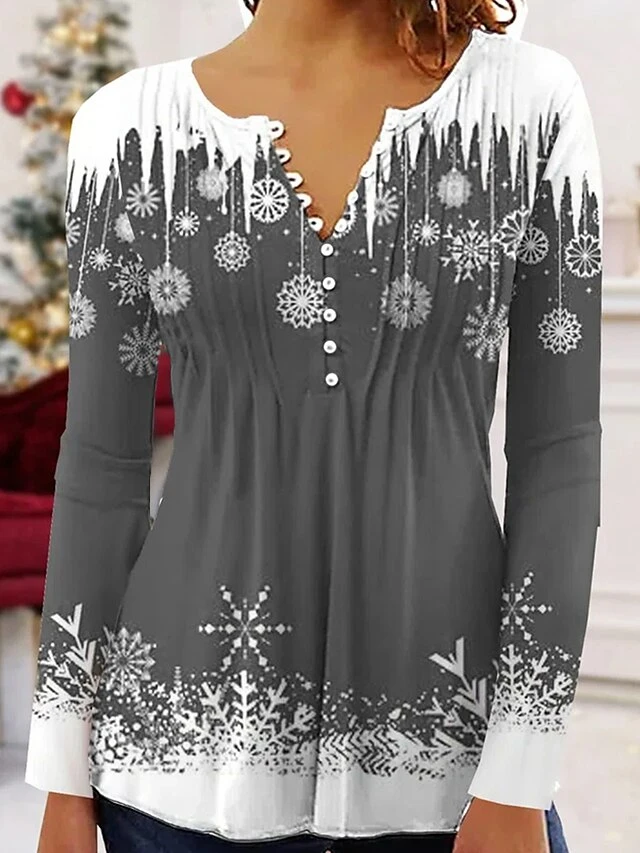 Women's Shirt Blouse Christmas Shirt Red Blue Green Snowflake Button Print 3/4 Length Sleeve Christmas Casual Festival / Holiday Round Neck Regular Fit Spring &Fall 5 Women's Shirt Blouse Christmas Shirt Red Blue Green Snowflake Button Print 3/4 Length Sleeve Christmas Casual Festival / Holiday Round Neck Regular Fit Spring &Fall - Image 3