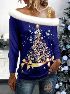 Women's Shirt Blouse Christmas Shirt Red Blue Green Christmas Tree Print Long Sleeve Party Christmas Casual Festival / Holiday Print One Shoulder Fur Collar Regular Fit Spring &Fall