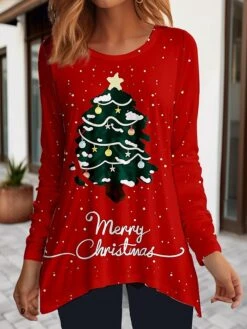 Women's T Shirt Tee Yellow Red Blue Letter Christmas Tree Flowing Tunic Print Long Sleeve Christmas Weekend Festival / Holiday Round Neck Regular Fit Painting Spring &Fall