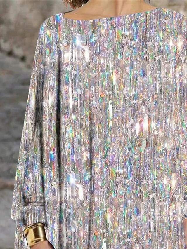 Women's T Shirt Tee Christmas Shirt Silver Sparkly Flowing Tunic Long Sleeve Party Christmas Weekend Fashion Festival / Holiday Off Shoulder Regular Fit Spring &Fall 4 Women's T Shirt Tee Christmas Shirt Silver Sparkly Flowing Tunic Long Sleeve Party Christmas Weekend Fashion Festival / Holiday Off Shoulder Regular Fit Spring &Fall - Image 2