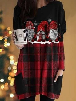 Women's T Shirt Tee Christmas Shirt Black Plaid Santa's Helper Pocket Print Long Sleeve Christmas Weekend Festival / Holiday Round Neck Regular Fit Painting Spring &Fall